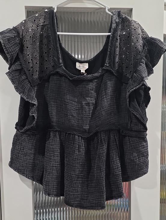 BiBi Tops - BiBi Black Eyelet Ruffle Peplum Top